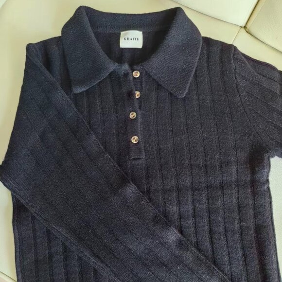 Khaite Dark Ribbed Knit Polo Sweater - Gold Button Detail - Picture 1 of 5